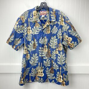 RJC Hawaiian Button Up Shirt Mens XL Casual Blue Short Sleeve Top Ukelele USA